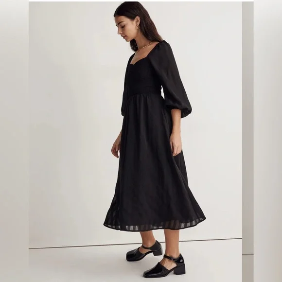 Madewell Lucie Dress Black NWT Sweetheart Smocked Bodice Satin Midi Dress Size S - Picture 2 of 14